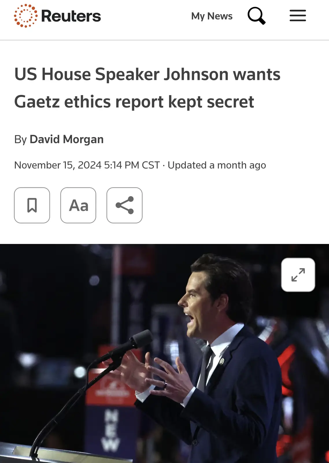 A screenshot of a Reuters news article dated November 15, 2024, with the headline 'US House Speaker Johnson wants Gaetz…