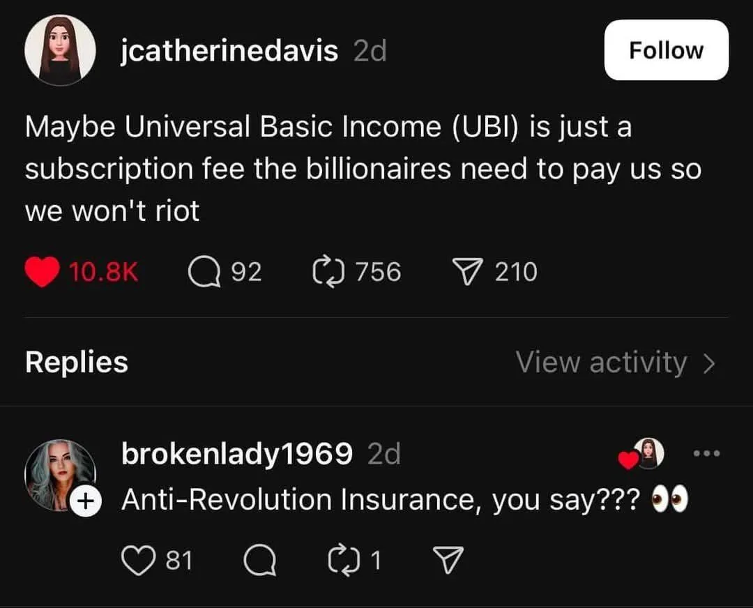 A screenshot of a social media post showing user jcatherinedavis suggesting Universal Basic Income (UBI) is a subscription…