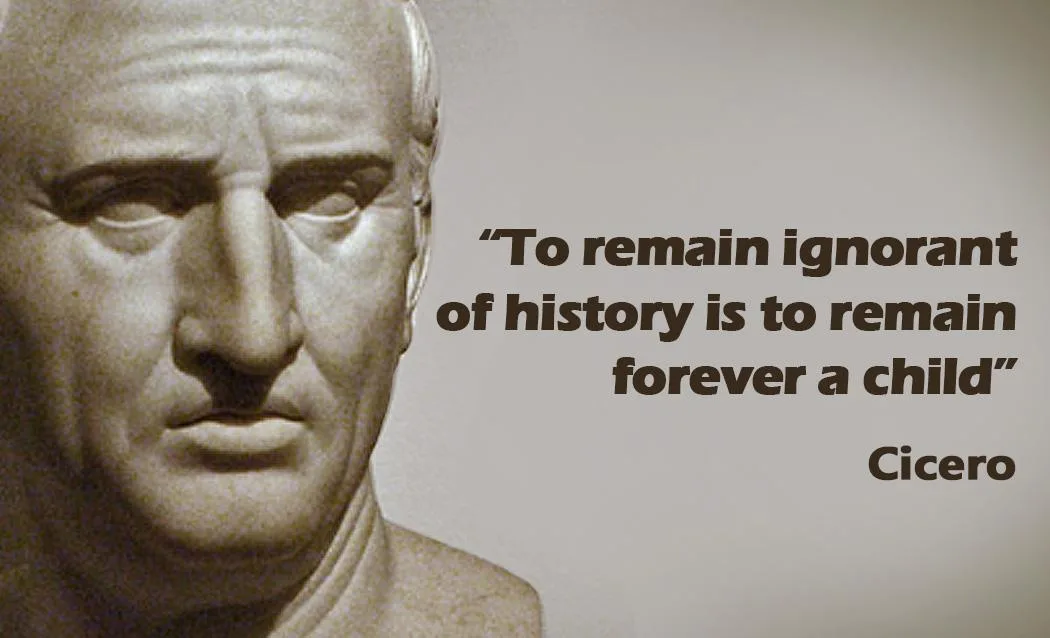 A sepia-toned image of a classical marble bust of the Roman statesman Cicero, with a quote overlaid in dark brown text: 'To…