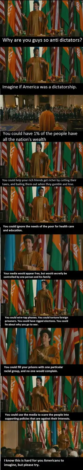 A man in a brown robe stands at a podium in front of international flags, delivering a satirical speech. The text overlays…