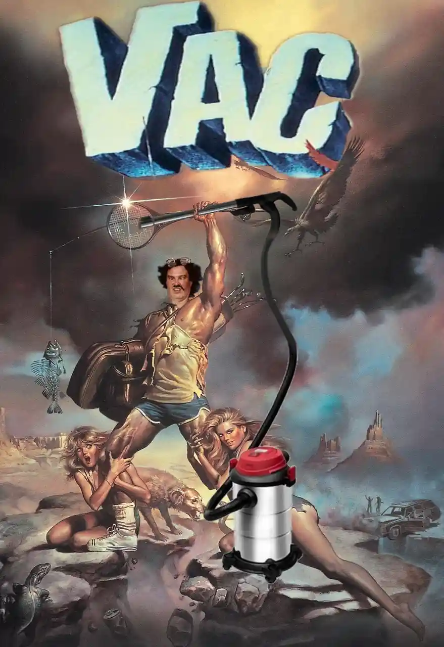 A parody movie poster featuring a muscular man with a mustache holding a vacuum cleaner hose as a weapon, with the word…