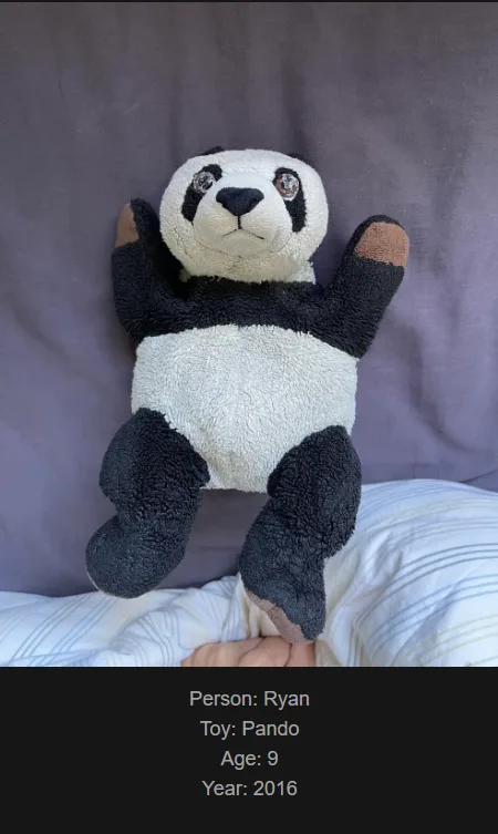 A plush panda toy is shown lying on its back on a bed, arms and legs spread out, with a person's hand visible at the bottom…