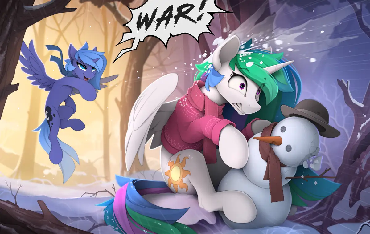 A blue pegasus with a mischievous grin shouts 'WAR!' from a snowy forest while a white unicorn with green and blue hair…