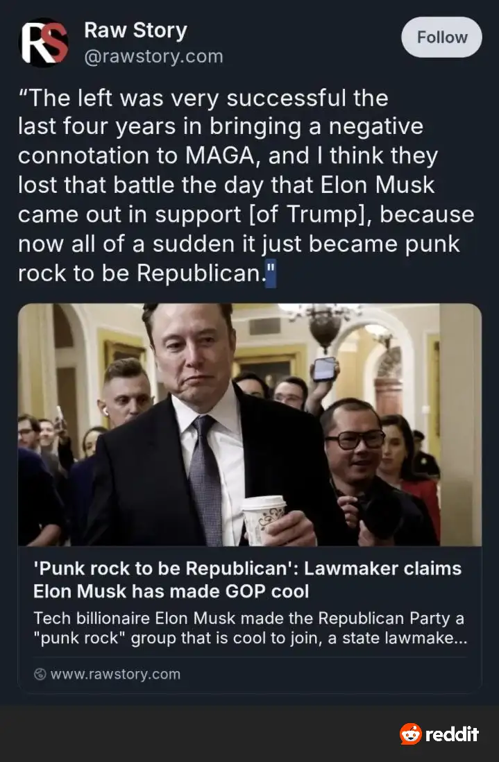 A screenshot of a Raw Story tweet featuring a photo of Elon Musk in a suit holding a coffee cup, surrounded by people. The…
