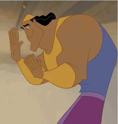 A six-panel animated sequence shows the character Kuzco from Disney's 'The Emperor's New School' in a crouched, pleading…