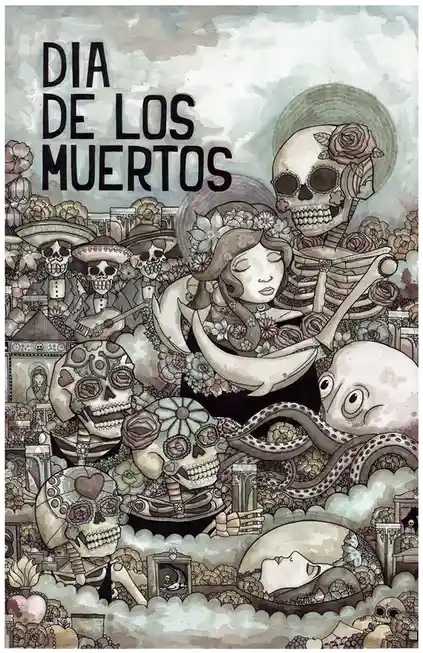 A detailed, sepia-toned illustration depicts a festive scene filled with skeletons wearing traditional Mexican attire…