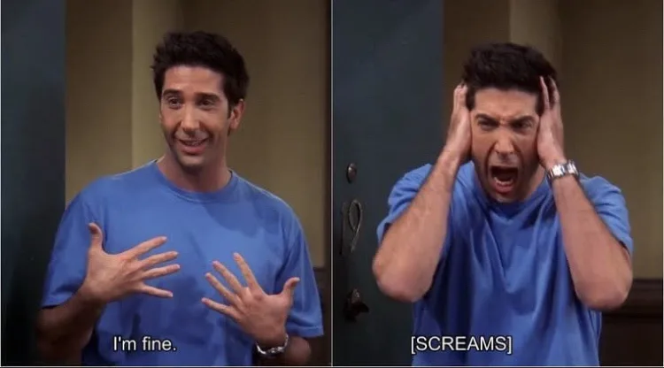 The image shows two side-by-side panels of actor David Schwimmer as Ross Geller from 'Friends'. In the left panel, he smiles…