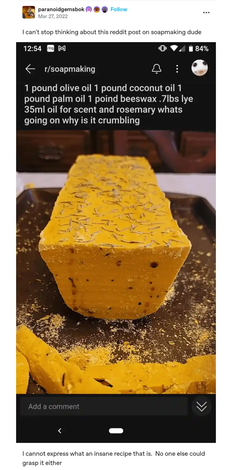 A screenshot of a Reddit post from r/soapmaking shows a large, yellow, rectangular bar of soap with rosemary sprigs on top…