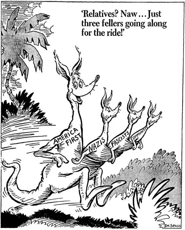 A black-and-white Dr. Seuss cartoon shows a large, smiling, anthropomorphic creature labeled 'AMERICA FIRST' riding a…