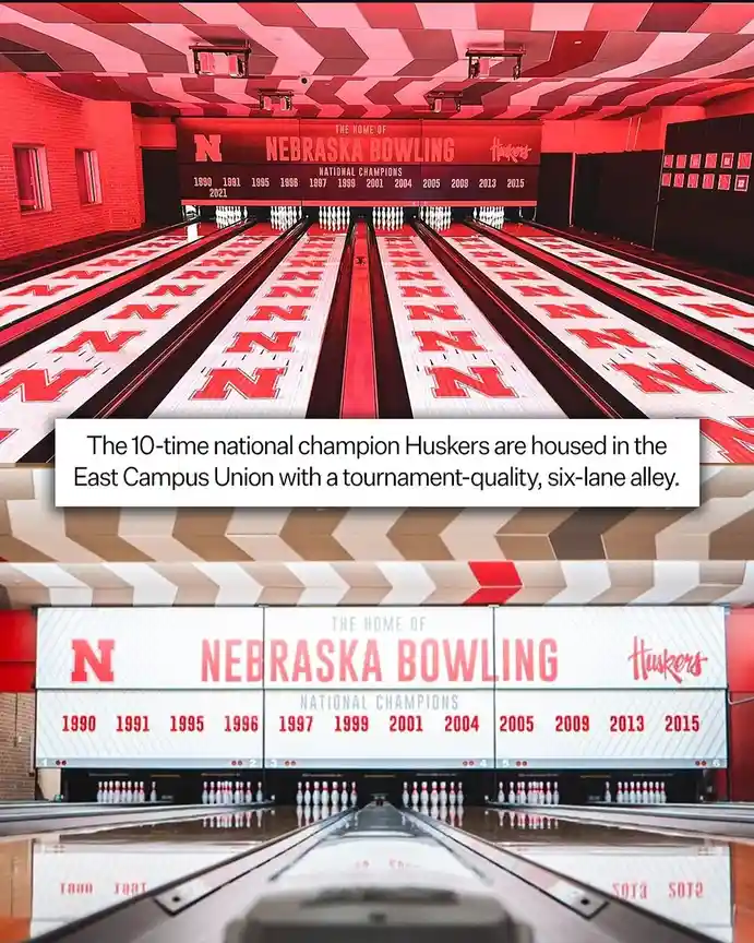 The image displays a split-screen view of a Nebraska Huskers bowling alley, featuring red and white lanes with 'N' logos…