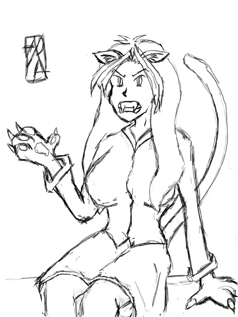 A black-and-white sketch shows an anime-style anthropomorphic cat with pointed ears, fangs, and a long tail, sitting and…