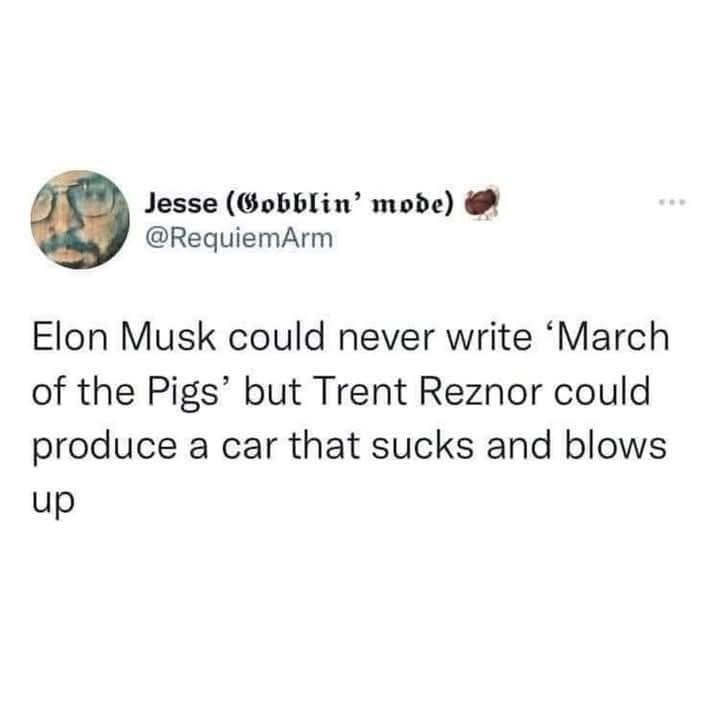 A screenshot of a tweet from user Jesse (Gobblin' mode) @RequiemArm. The tweet text reads: 'Elon Musk could never write…
