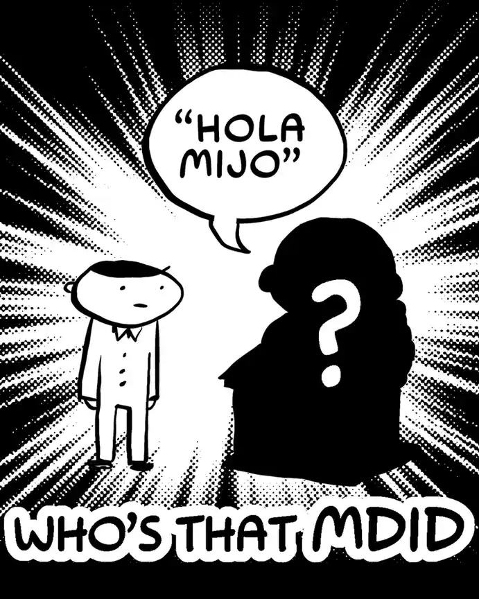 A black and white comic panel shows a small, simple cartoon man in a suit looking at a large, shadowy figure with a question…