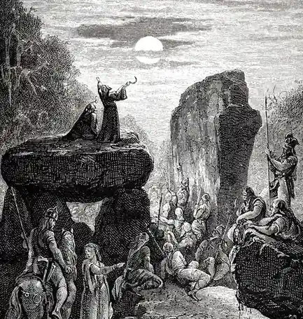 a vintage black-and-white illustration depicts a robed figure standing atop a large stone, arms raised toward a full moon…