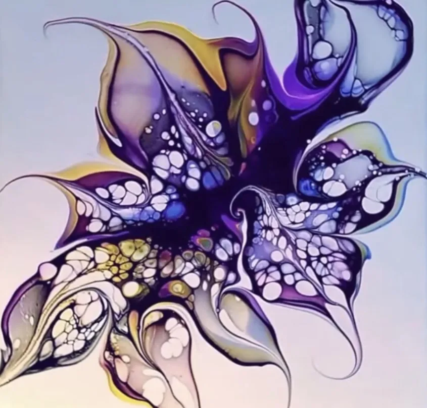 a vibrant abstract painting depicts a stylized flower with swirling petals in purple, blue, yellow, and white, featuring…