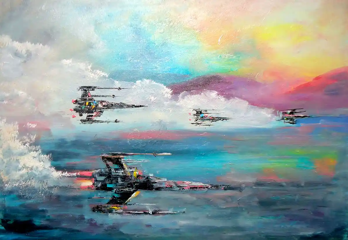 An abstract, colorful painting depicts several Star Wars-style starfighters flying over a turbulent ocean under a vibrant…