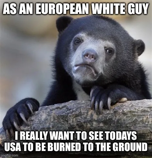 A black bear with a sad, disappointed facial expression is leaning on a log. The text overlaid on the image reads 'AS AN…