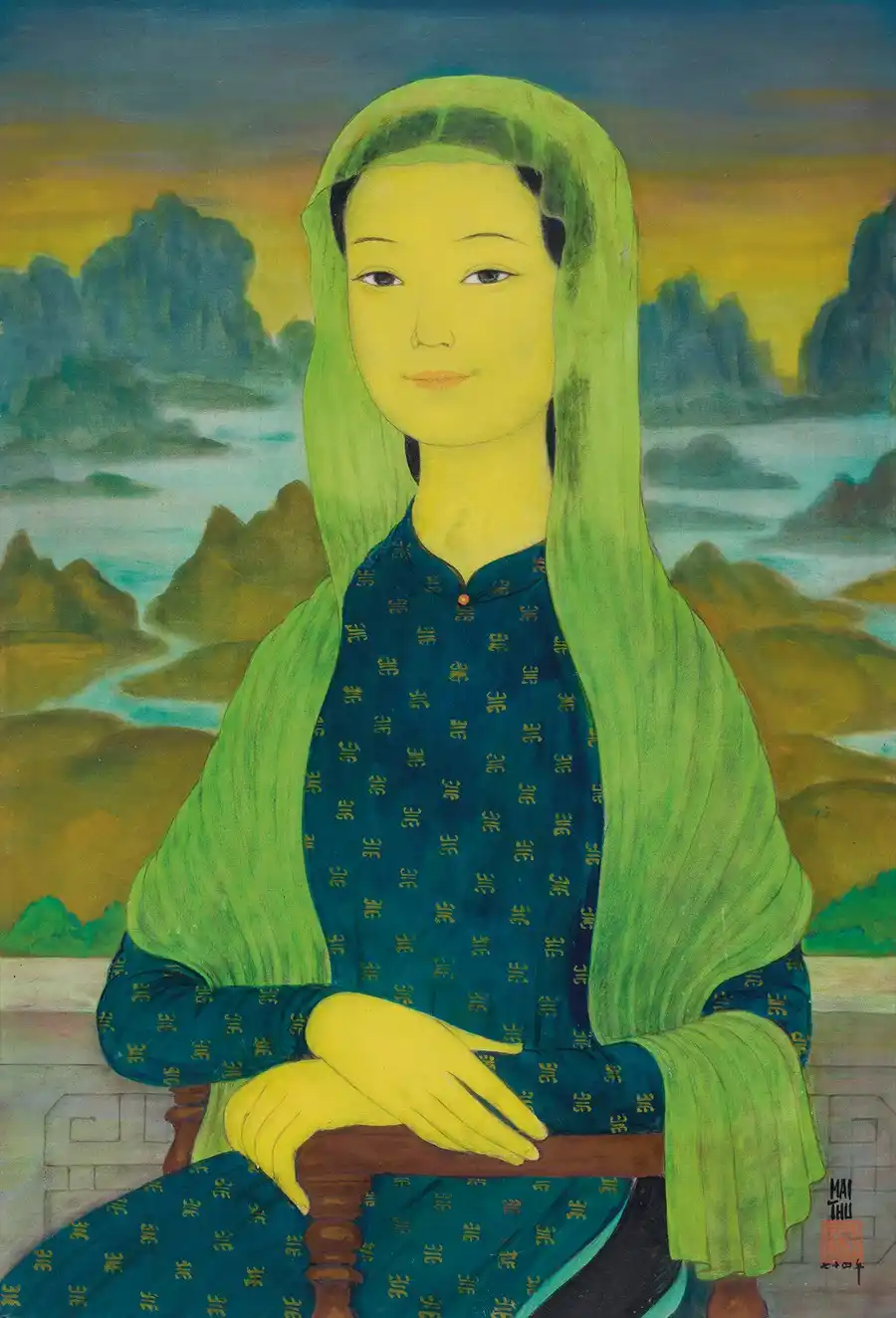 A painting of a woman with yellow skin and a green headscarf, wearing a blue patterned outfit, seated against a landscape…