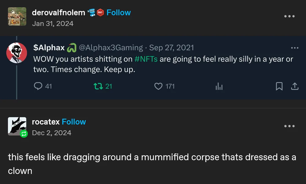 A screenshot of a Twitter thread shows a 2021 tweet from $Alphax predicting that artists mocking NFTs would look foolish in…