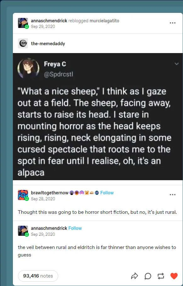 A screenshot of a Twitter thread where user Freya C posts a short story describing a person's escalating horror as a sheep's…