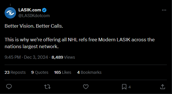 A screenshot of a tweet from LASIK.com's official account, which reads 'Better Vision. Better Calls. This is why we're…