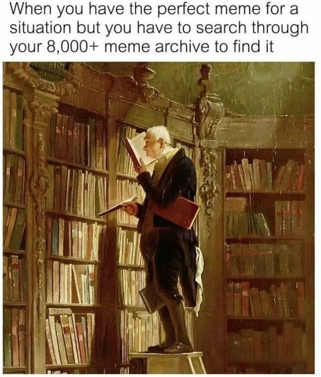 A classical painting depicts a man in 18th-century attire standing on a wooden stool in a grand, ornate library, surrounded…