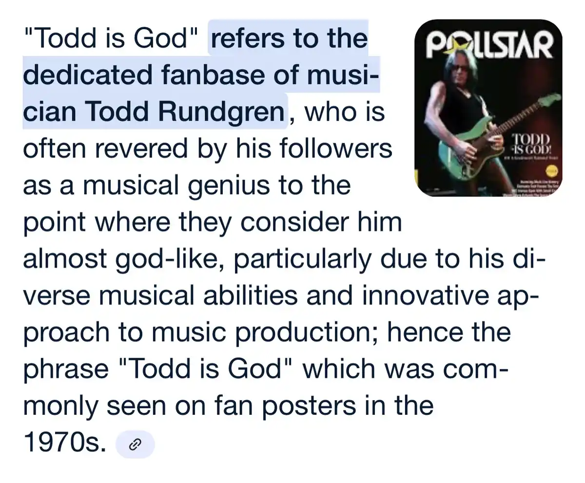 The image shows a text paragraph explaining the phrase 'Todd is God' as a term of reverence for musician Todd Rundgren…