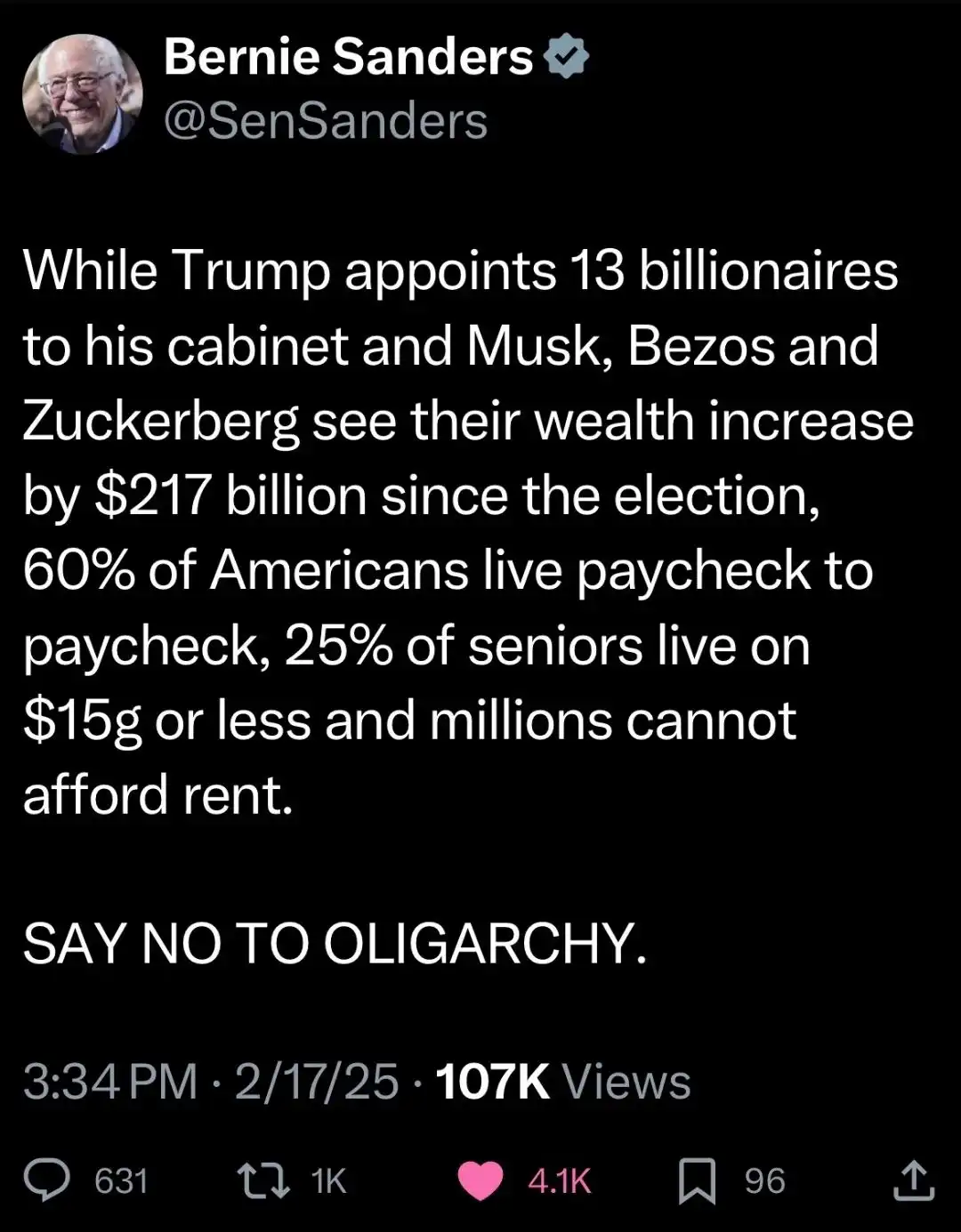 A screenshot of a tweet from Bernie Sanders' verified Twitter account, displaying a block of white text on a black…