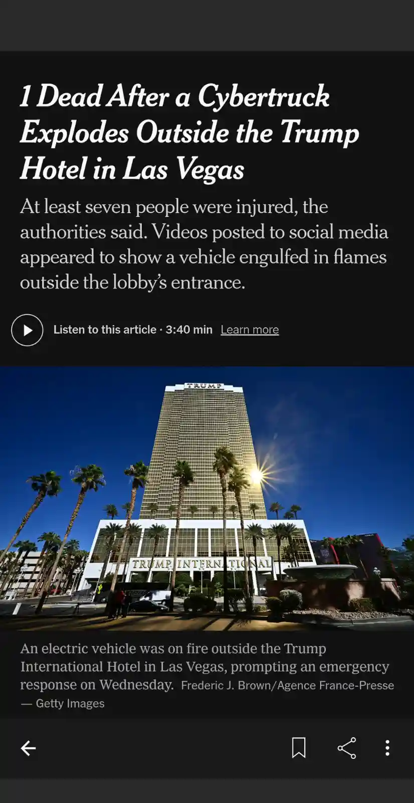 A news article screenshot shows a headline about a Cybertruck explosion outside the Trump International Hotel in Las Vegas…