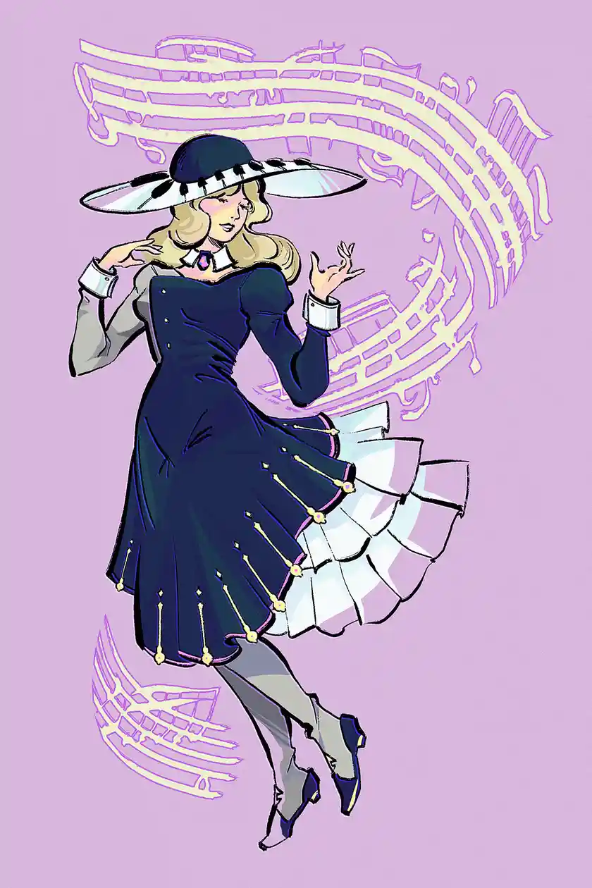 A stylized illustration of a woman in a dark blue dress with a white ruffled hem and a wide-brimmed hat, dancing against a…