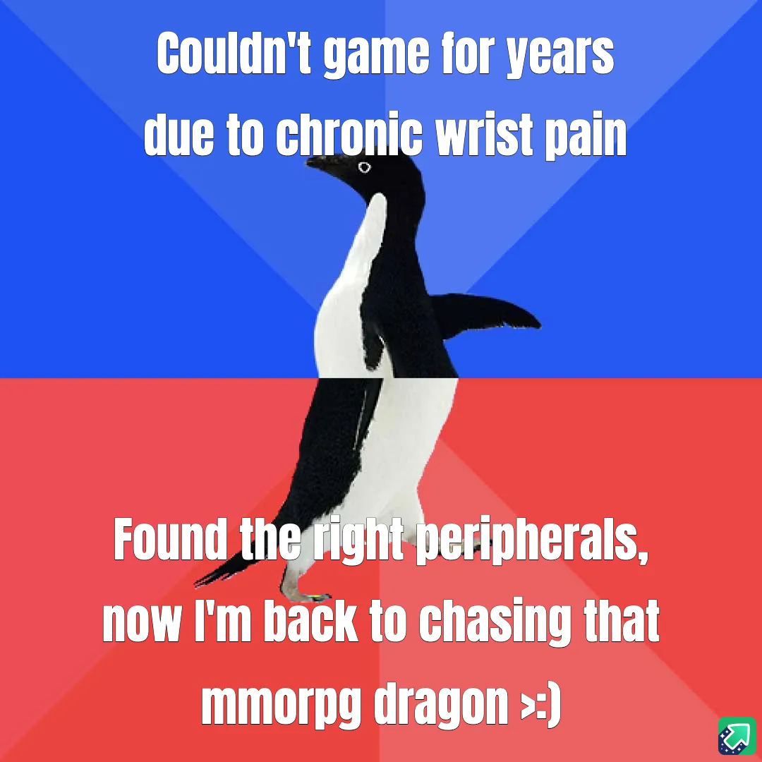 A penguin stands centered against a blue and red background split diagonally. White text overlays the image in two sections…