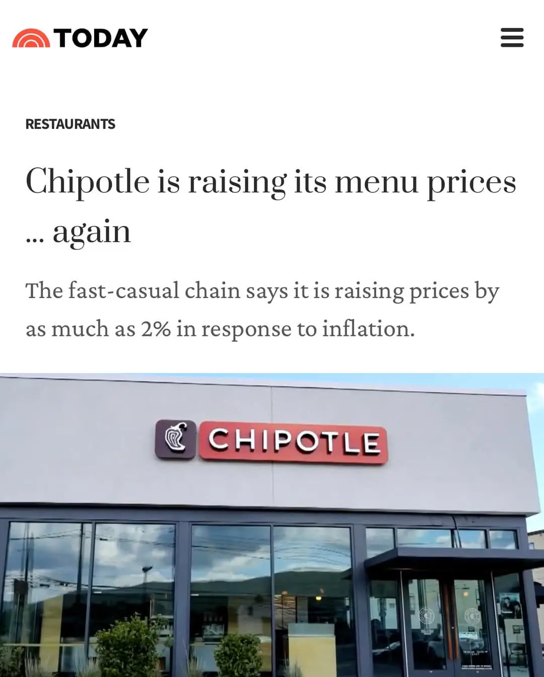 A screenshot of a TODAY.com news article about Chipotle raising prices again, overlaid on a photo of a Chipotle restaurant…