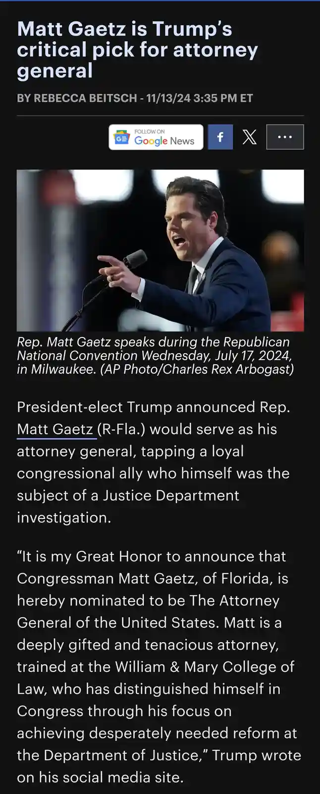 A screenshot of a Google News article shows a photo of Rep. Matt Gaetz speaking at a podium, with overlaid text announcing…