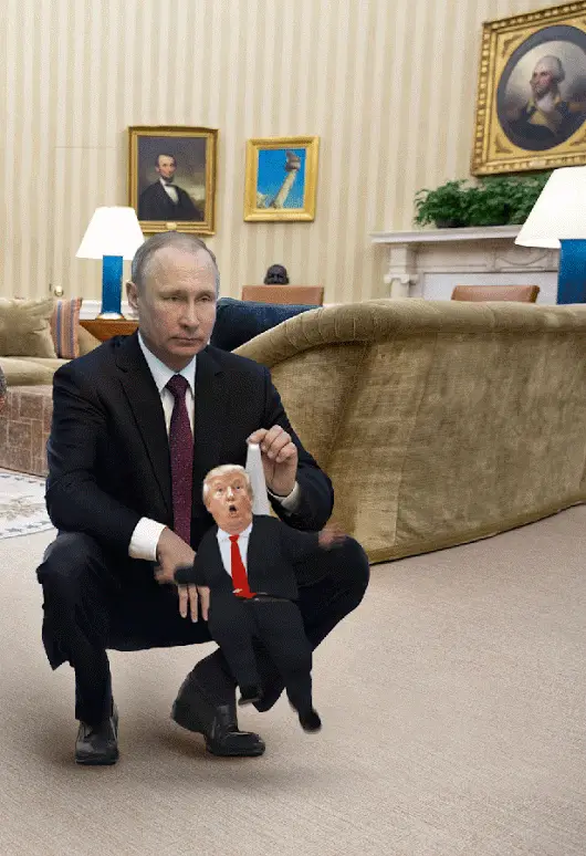 A composite image shows Russian President Vladimir Putin crouching in an ornate room, holding a small doll of Donald Trump…