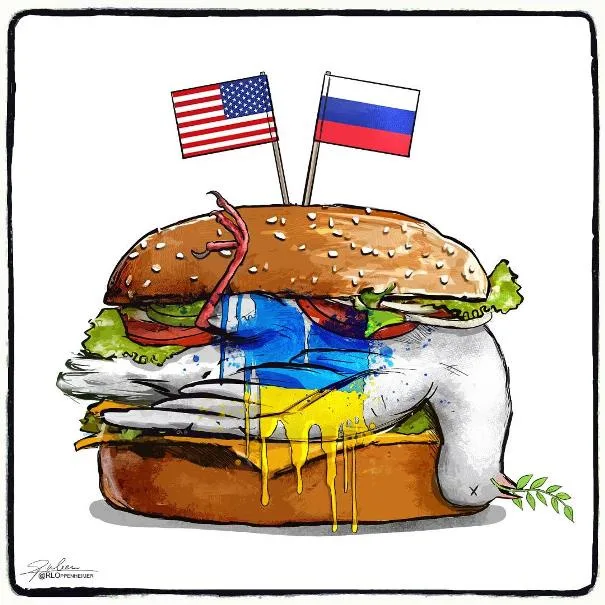 a cartoon-style burger with American and Russian flags on toothpicks, its layers smeared with blue and yellow paint…