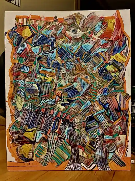 A colorful, abstract painting on canvas depicts a tree whose leaves and trunk are made from overlapping, textured bottle…