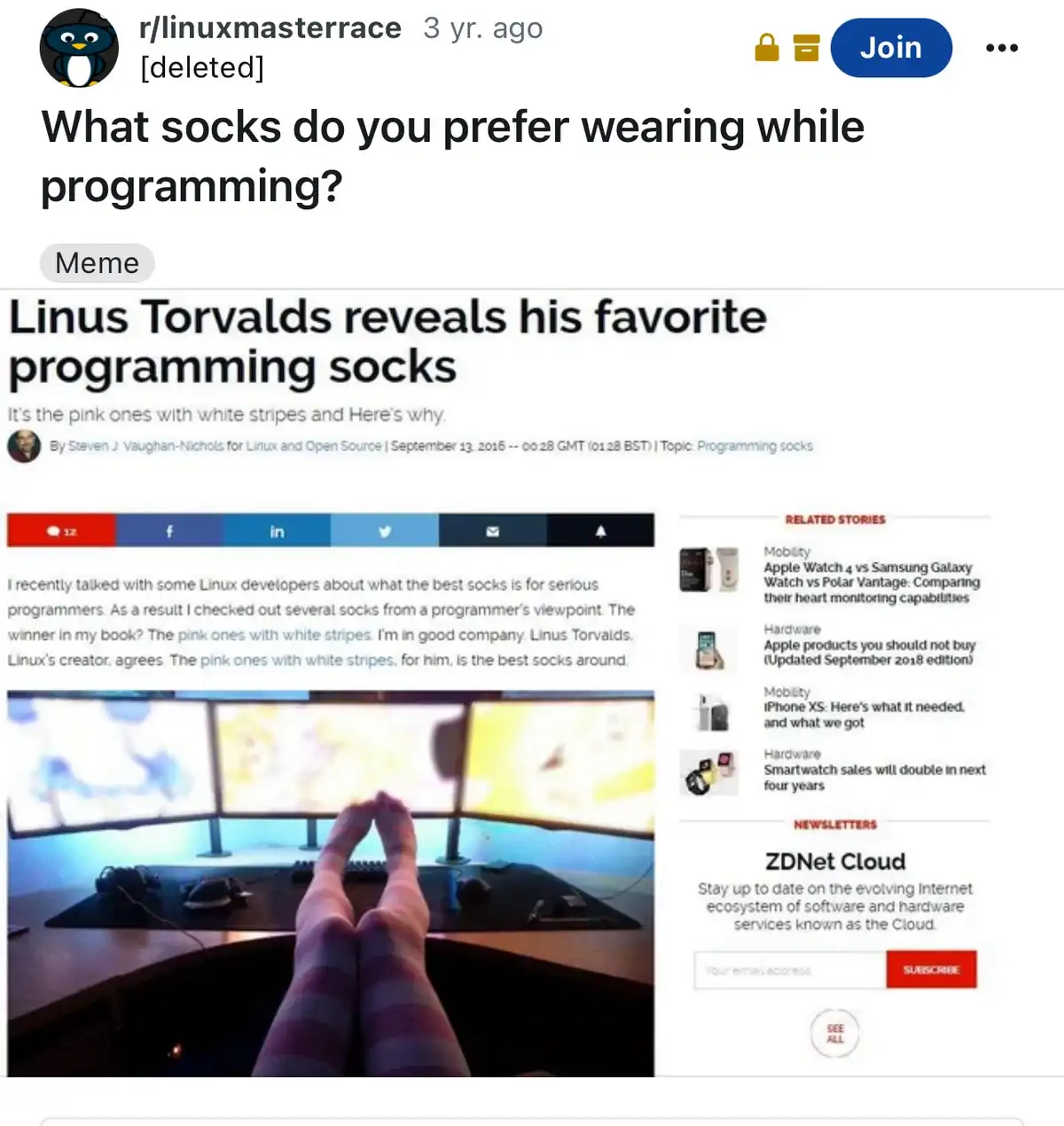 A screenshot of a ZDNet article titled 'Linus Torvalds reveals his favorite programming socks' shows a person's feet in pink…