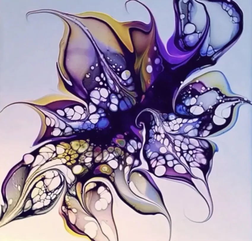 An abstract, colorful, swirling artwork resembling a flower with flowing petals in purple, blue, gold, and white, featuring…