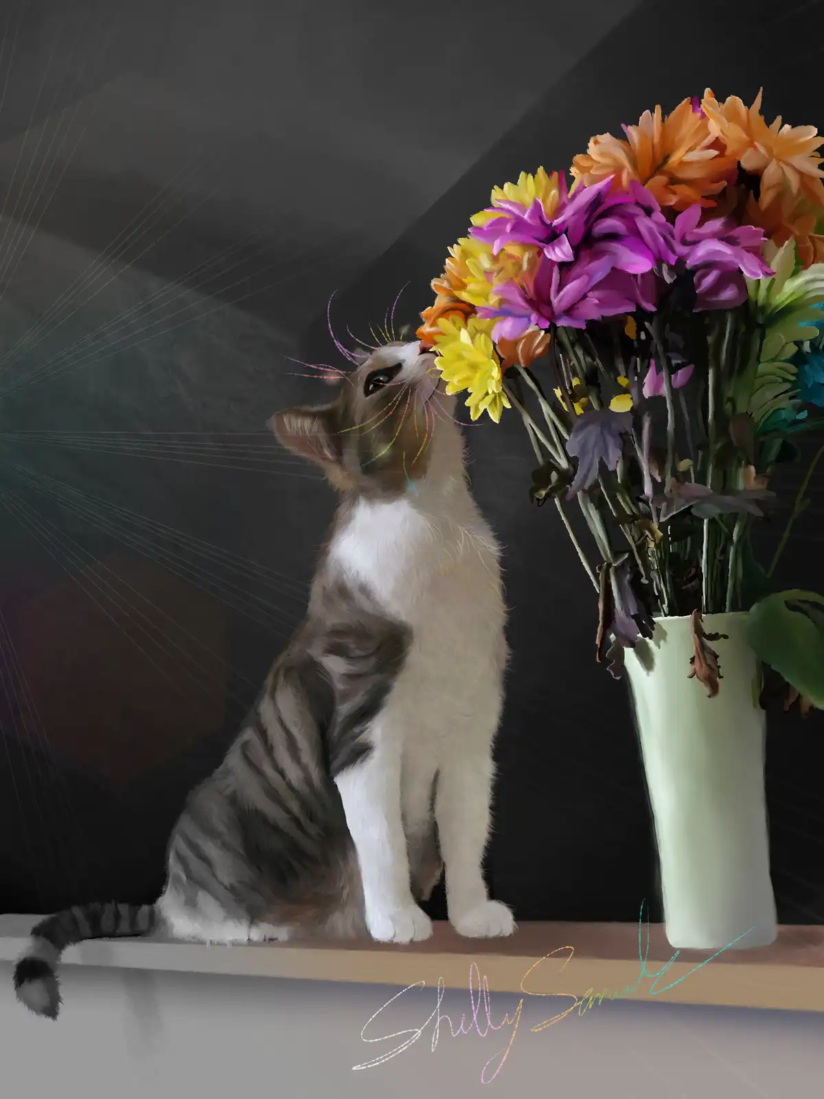 A digitally illustrated gray and white cat sits on a wooden shelf, looking up at a colorful bouquet of orange, purple, and…