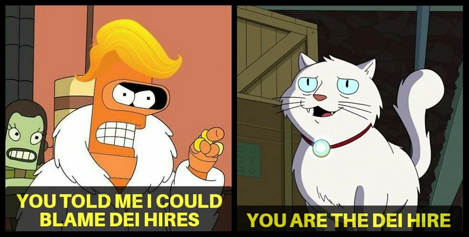 The image is split into two panels. Left: A cartoon orange character with a blonde comb-over hairstyle, wearing a white fur…