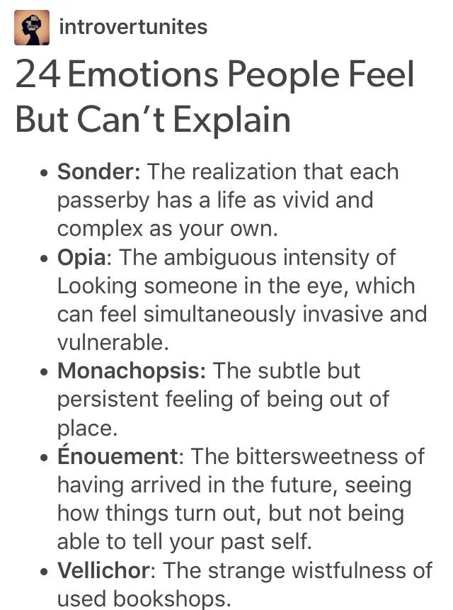 A text-based image from the subreddit 'introvertunites' lists '24 Emotions People Feel But Can't Explain,' detailing terms…