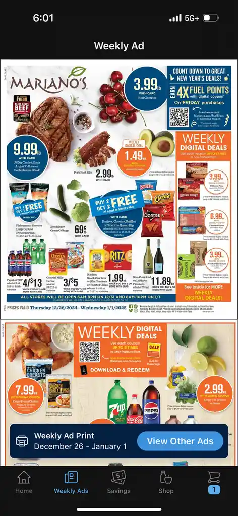 A screenshot of a Mariano's grocery store weekly ad displayed on a smartphone, featuring various food items with prices and…