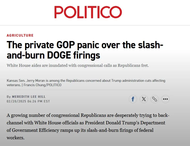 A screenshot of a Politico article with the headline 'The private GOP panic over the slash-and-burn DOGE firings' overlaid…