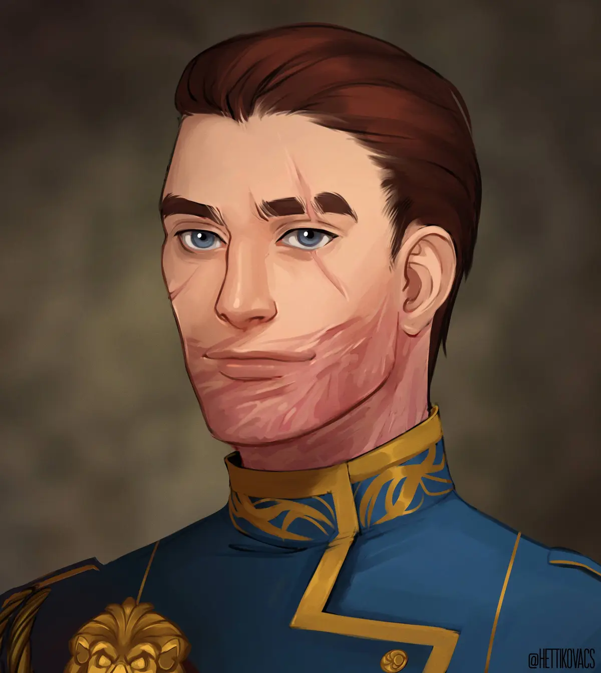 A digital portrait of a man with brown hair and blue eyes, wearing a blue and gold military-style uniform with a lion…