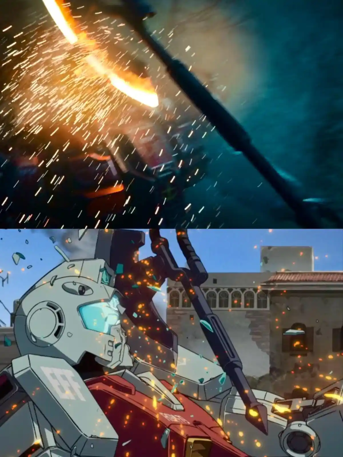 The image is a two-panel meme showing the same moment from different Gundam anime series. The top panel depicts a close-up…