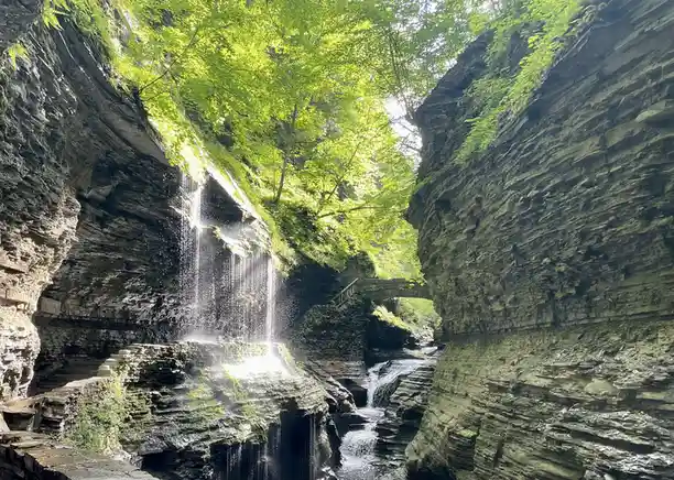 A scenic view of a waterfall cascading down layered rock formations in a narrow gorge, surrounded by lush green foliage and…