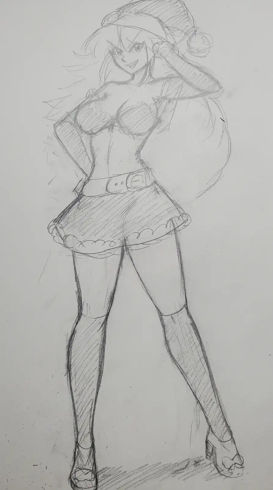 A pencil sketch of an anime-style female character in a revealing outfit with a large, exaggerated belly, smiling and…