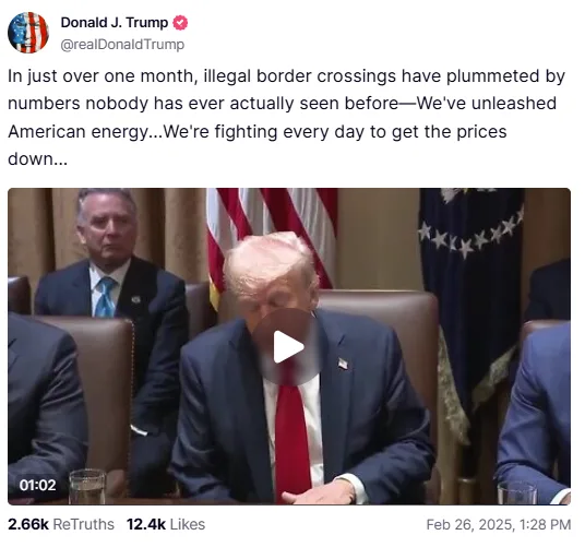A screenshot of a tweet from Donald J. Trump's account showing a video clip of him seated at a table with other men in…