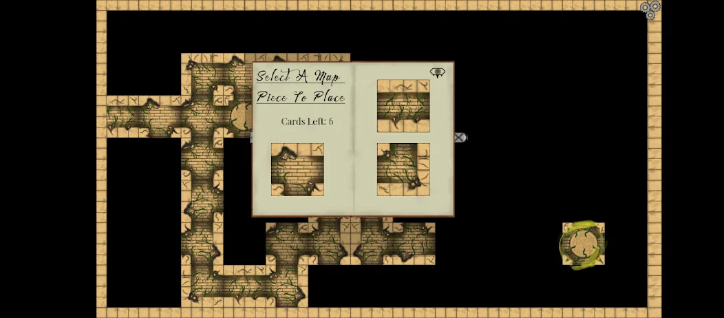 A screenshot from a puzzle game showing an open book interface with four map pieces to choose from, set against a partially…