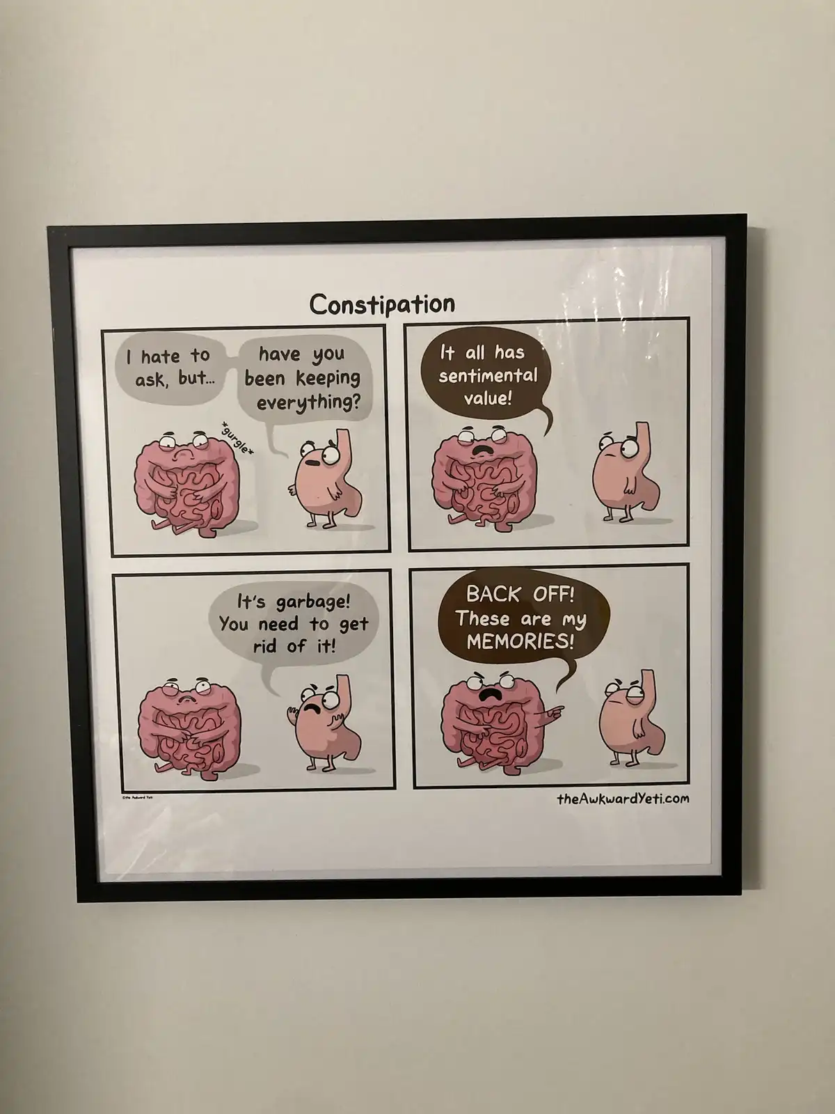 A framed four-panel comic titled 'Constipation' shows an anthropomorphic colon and stomach. The stomach asks the colon if…
